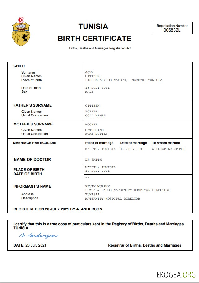 Modèle Word et PDF d'acte de naissance de l'état civil tunisien